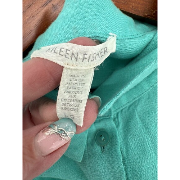Eileen Fisher Shirt 100% Organic Irish Linen ButtonFront A Line Tunic Aqua LARGE - Picture 10 of 13